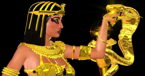 An Illustration Of Isis (Auset) Wearing The Uraeus Serpent On Her Head, A Symbol Of Atum The Creator. Her Hand Is In The Mouth Of The Cobra Serpent That Depicts The Brazen-Fiery Serpent Of Creation, The God, Atum. 